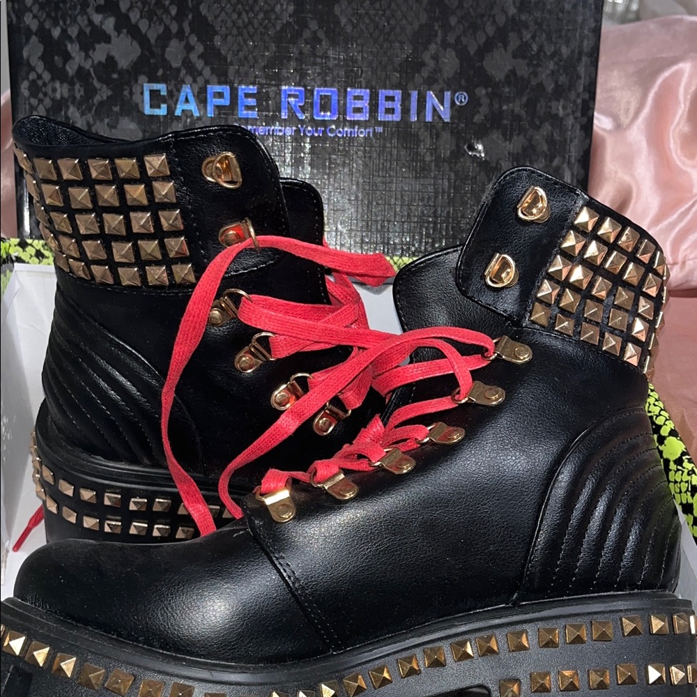 Cape Robbin Black Boots with Red Laces and Gold Studs